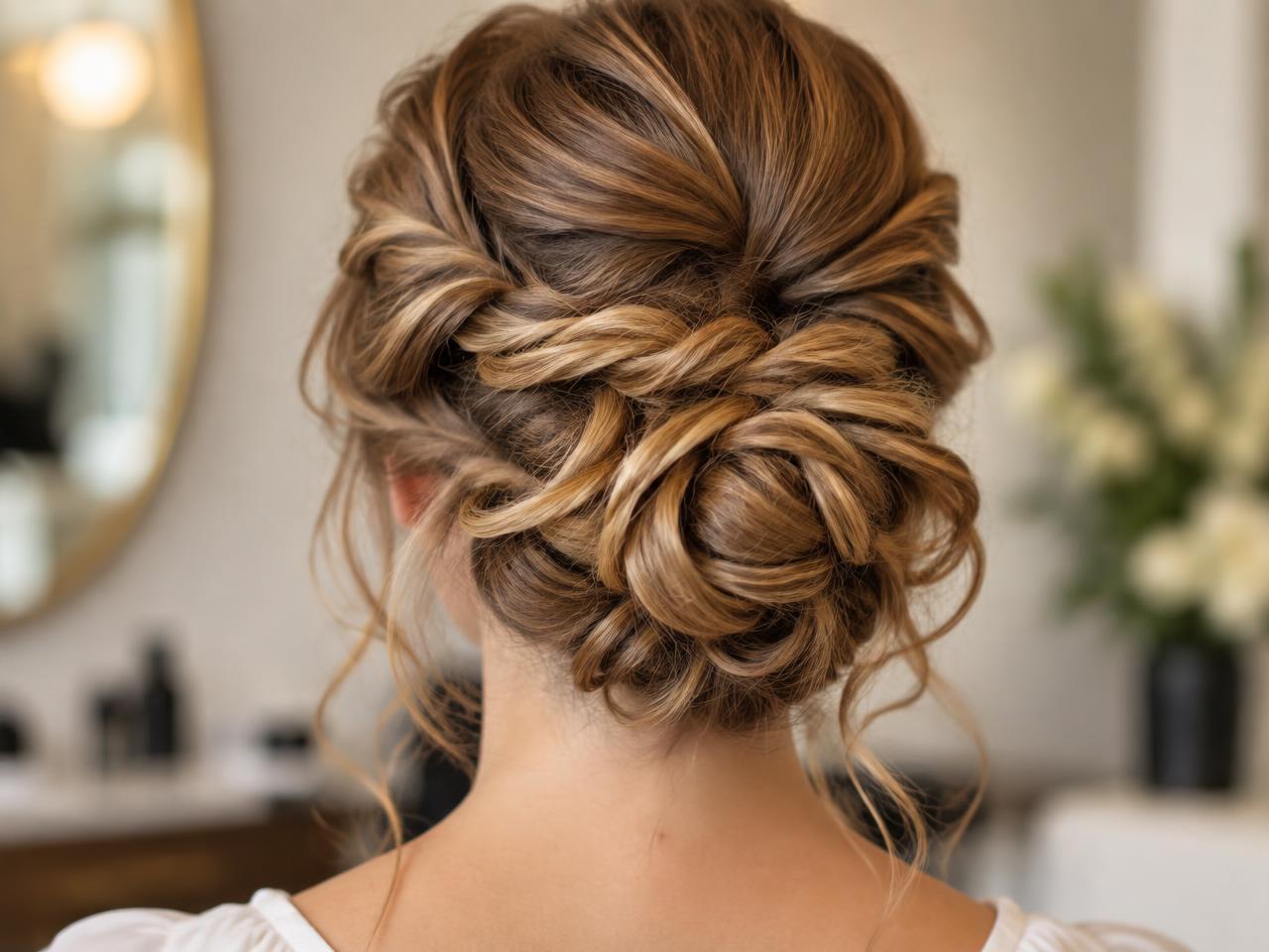 Finished braided updo with soft pinned curls